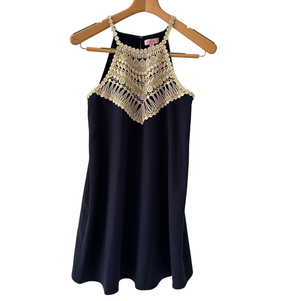 Lilly Pulitzer Navy Blue Silver Lace Embroidered Sleeveless Short Shift Dress 4